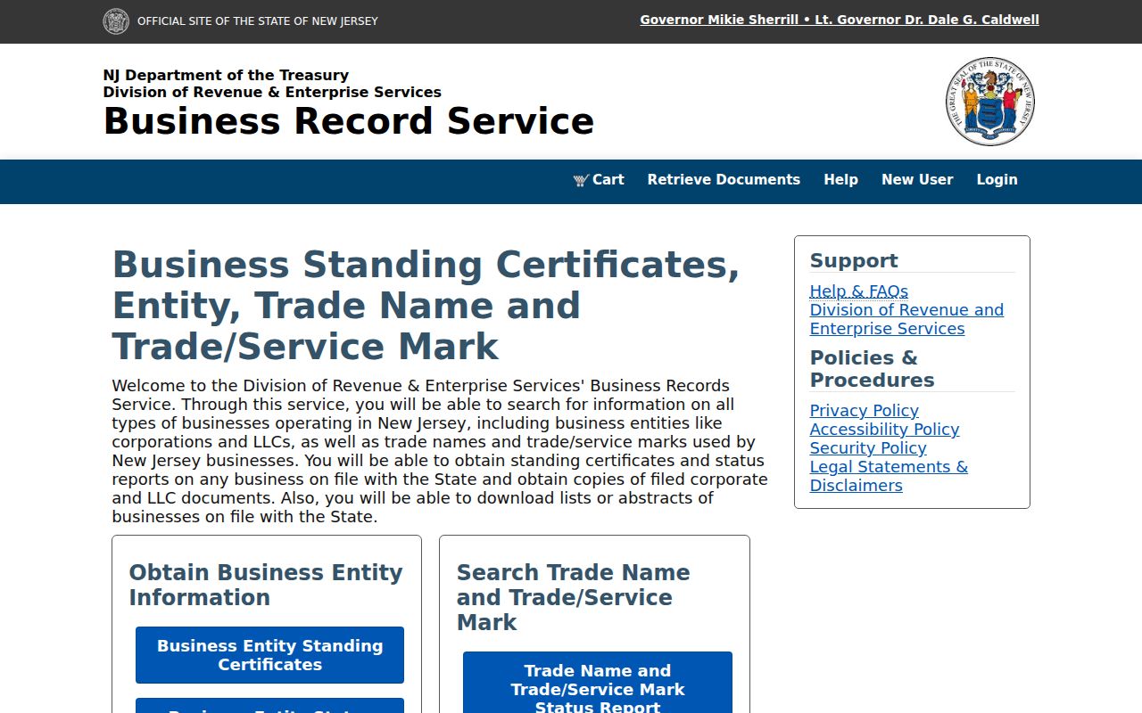 Wayne resident lookup New Jersey DORES Business Records Service with search and records-service options