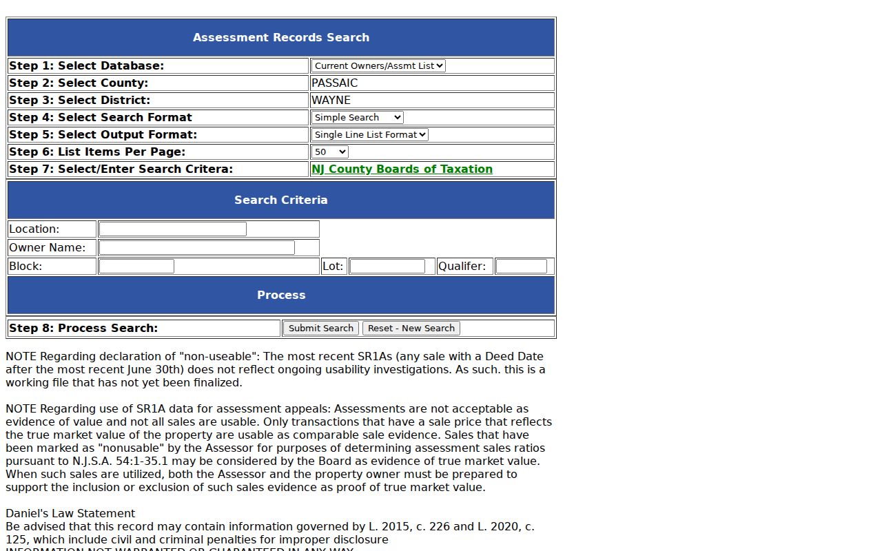 Wayne ZIP code directory tax portal search fields